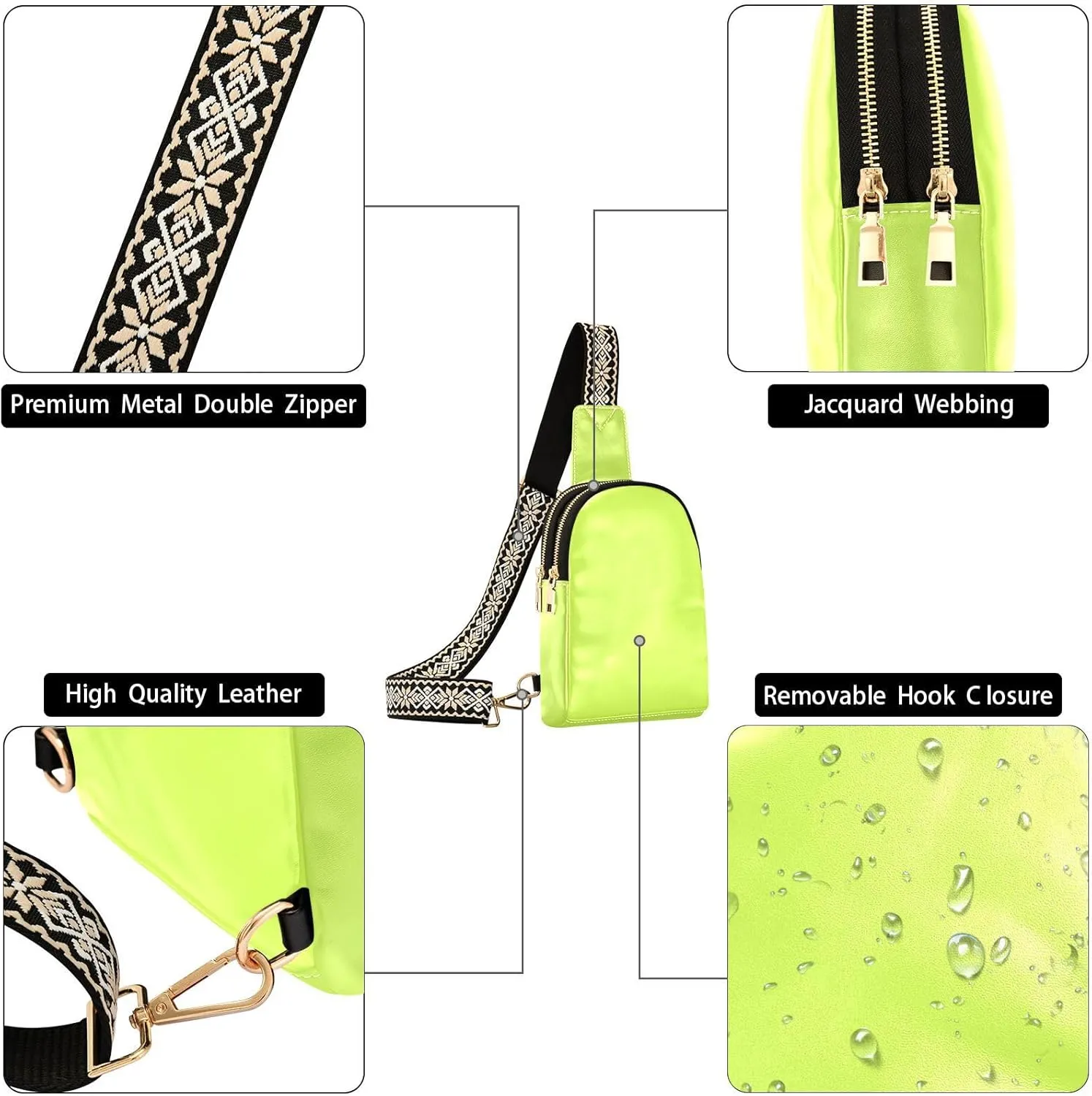 Neon Yellow Crossbody Sling Bag for Women Men Leather Chest Bags Purse Adjustable Cross Body Daypack for Hiking Running Cycling