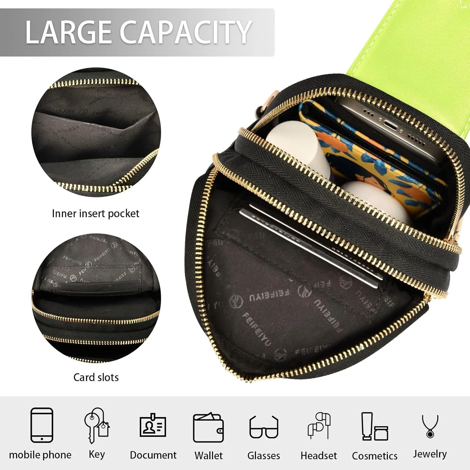 Neon Yellow Crossbody Sling Bag for Women Men Leather Chest Bags Purse Adjustable Cross Body Daypack for Hiking Running Cycling