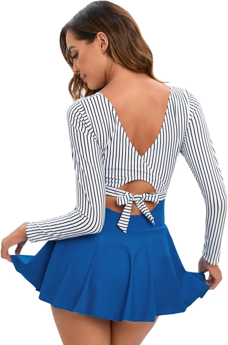 NESY Long Sleeve Swimsuits for Women Rash Guard V Neck One Piece Bathing Suit Swim Dress Woman Swimwear Swimdress UPF 50 