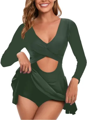NESY Long Sleeve Swimsuits for Women Rash Guard V Neck One Piece Bathing Suit Swim Dress Woman Swimwear Swimdress UPF 50 