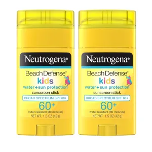 Neutrogena Beach Defense Kids Sunscreen Stick SPF 60, 1.5 oz, 2 Pack, Hands-Free Application, Oxybenzone Free Sunscreen for Face & Body, Water-Resistant Sun Protection