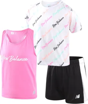 New Balance Girls' Active Shorts Set - 3 Piece Performance T-Shirt, Tank Top, and Gym Shorts - Summer Outfit for Girls (7-12)