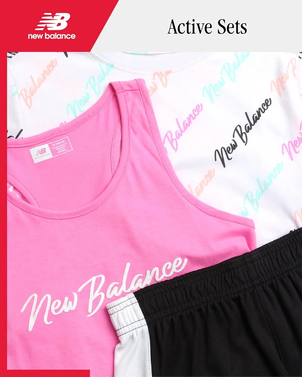 New Balance Girls' Active Shorts Set - 3 Piece Performance T-Shirt, Tank Top, and Gym Shorts - Summer Outfit for Girls (7-12)