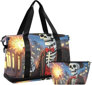 New Year Skeleton Unique Firework Sports Tote Gym Bag Overnight Carry On Tote and Luggage with Toiletry Bag for Gym Waterproof