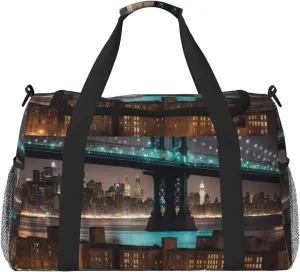 New York Manhattan Bridge Night Print Travel Hand Travel Bag Weekender Overnight Carry On Tote Foldable Crossbody Bag