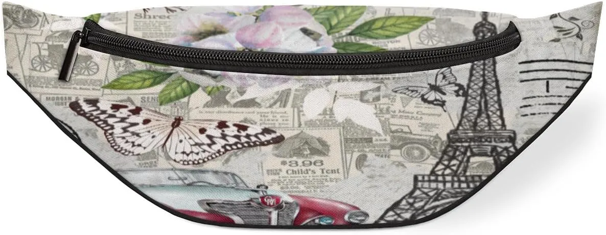 Newspaper Car Pylon Butterfly Fanny Pack for Women Men Waist Pack Crossbody Bag with Adjustable Belt for Travel Hiking Running Cycling Festivals