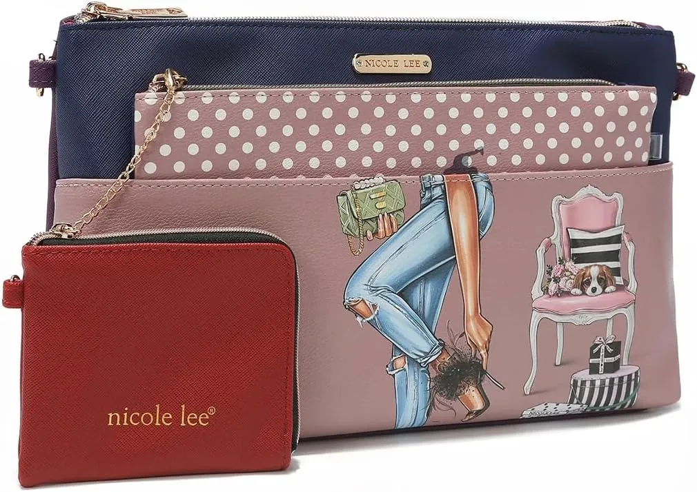 NICOLE LEE 3 Pieces Handbag Pouch Set, Removable Crossbody Strap, Large, Medium Small Zip Pouches, Travel Set