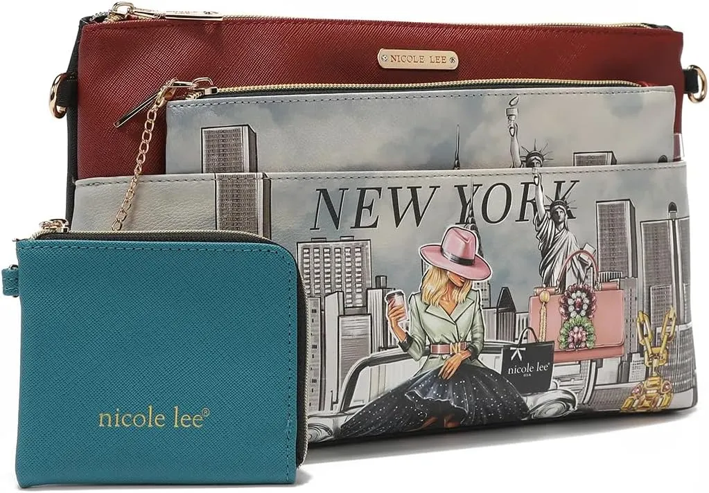 NICOLE LEE 3 Pieces Handbag Pouch Set, Removable Crossbody Strap, Large, Medium Small Zip Pouches, Travel Set