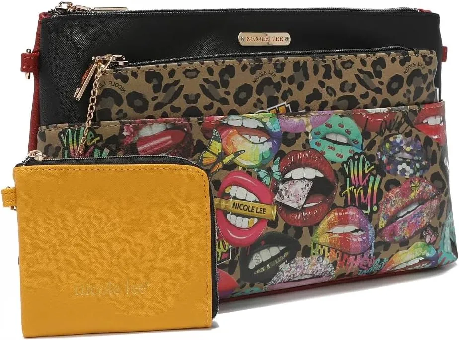 NICOLE LEE 3 Pieces Handbag Pouch Set, Removable Crossbody Strap, Large, Medium Small Zip Pouches, Travel Set