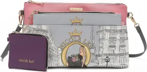 NICOLE LEE 3 Pieces Handbag Pouch Set, Removable Crossbody Strap, Large, Medium Small Zip Pouches, Travel Set