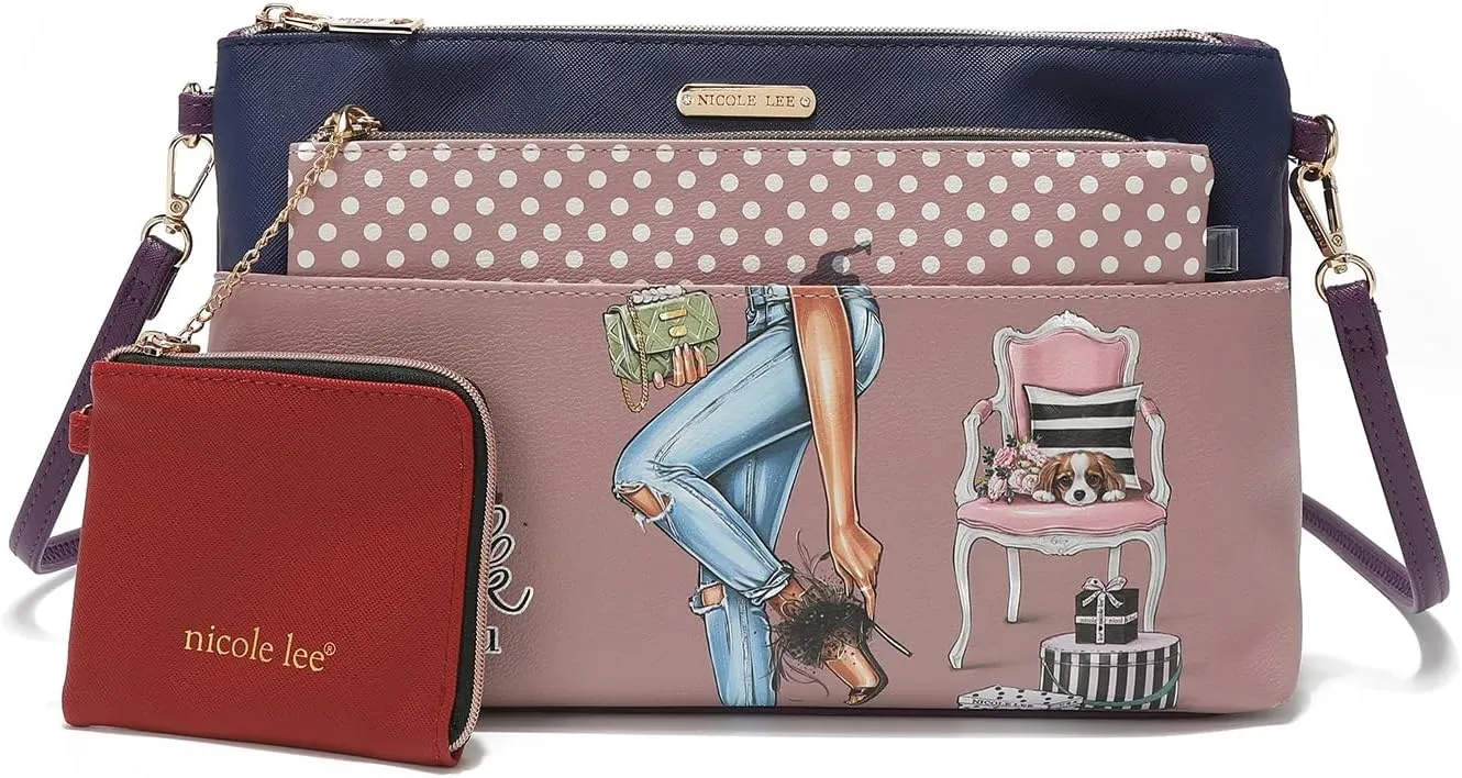 NICOLE LEE 3 Pieces Handbag Pouch Set, Removable Crossbody Strap, Large, Medium Small Zip Pouches, Travel Set