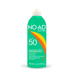 NO-AD SPF 50 Sunscreen Spray | Non-Greasy, Waterproof and Non toxic Sunscreen | Body Sunscreen | Suitable for All Skin Types | Broad Spectrum Protection for Active Lifestyles | 9 oz