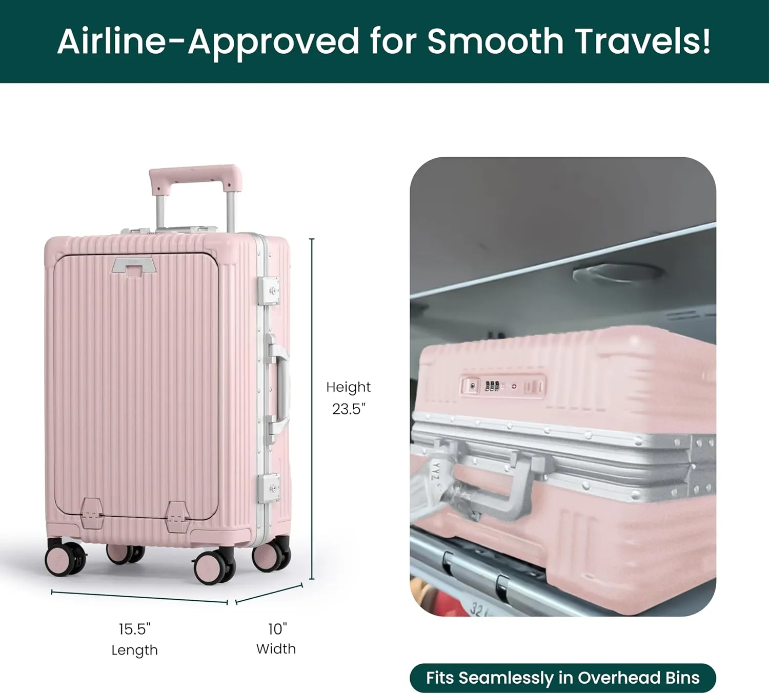 Nobl Travel Carry On Luggage, Noble Zipperless Aluminum Frame PC Hard Shell Suitcase, 23.5x15.5x10 Airline Approved, 360° Spinner Wheels, TSA Locks, USB Charging Port, Cup & Phone Holder - Pink
