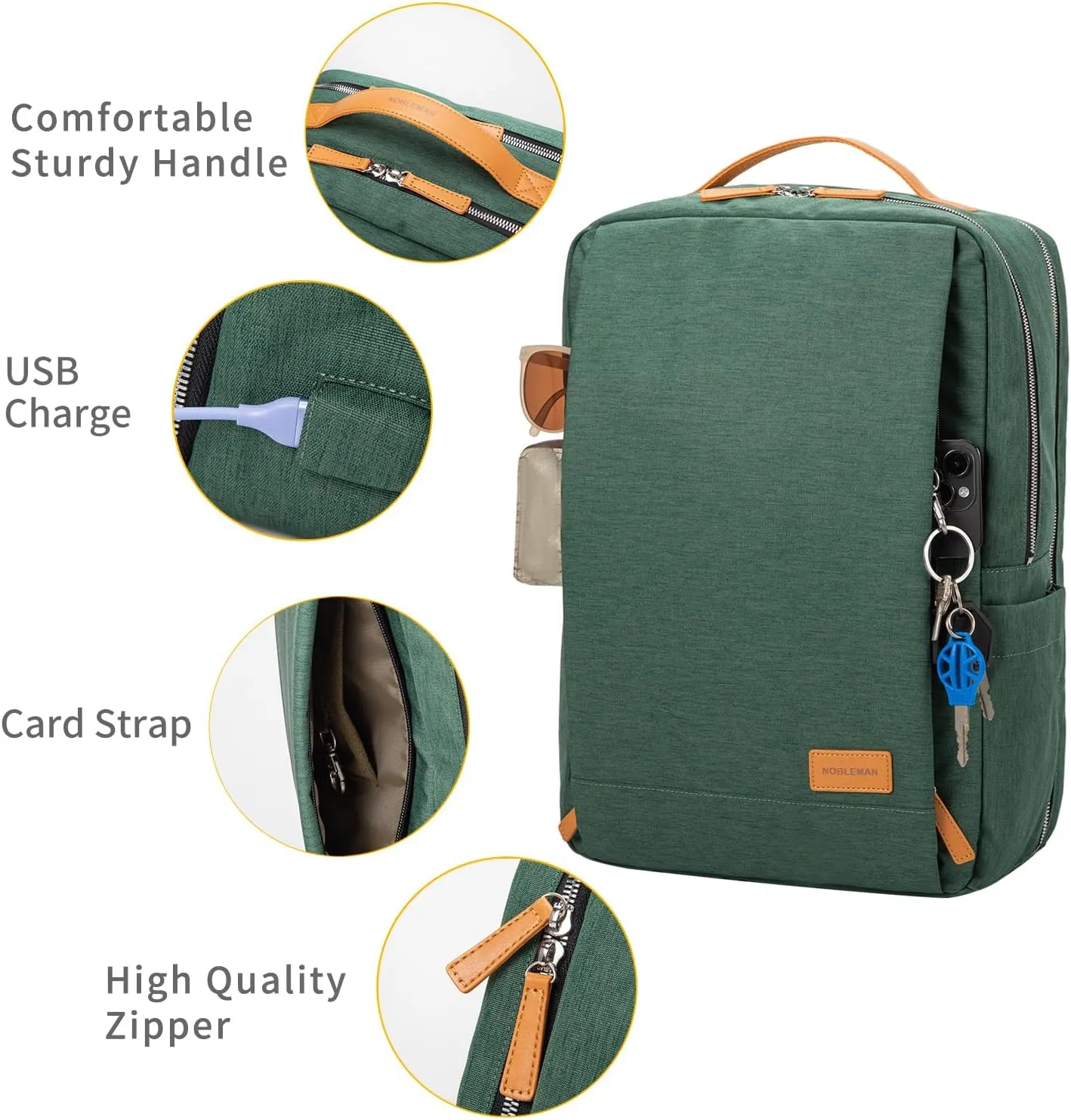 NOBLEMAN Travel Laptop Backpack Women Men, Luxury Durable Scratch Tear Resistant Work Backpack with USB Charging Port, Multi-Compartment College Business Backpack Fits 17 Inch Laptop (Dark Green)