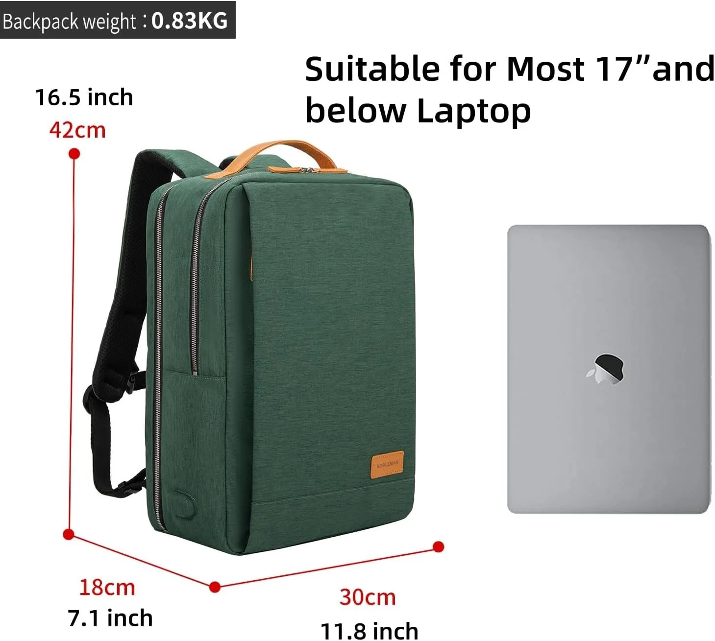 NOBLEMAN Travel Laptop Backpack Women Men, Luxury Durable Scratch Tear Resistant Work Backpack with USB Charging Port, Multi-Compartment College Business Backpack Fits 17 Inch Laptop (Dark Green)