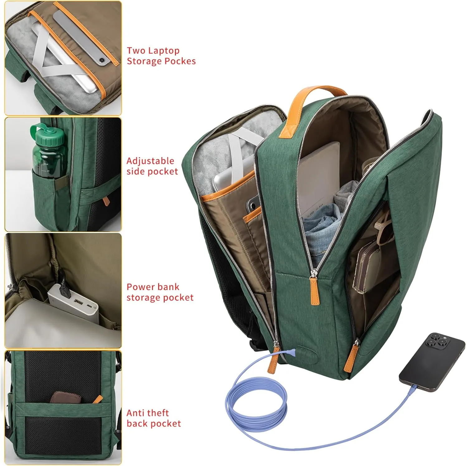 NOBLEMAN Travel Laptop Backpack Women Men, Luxury Durable Scratch Tear Resistant Work Backpack with USB Charging Port, Multi-Compartment College Business Backpack Fits 17 Inch Laptop (Dark Green)