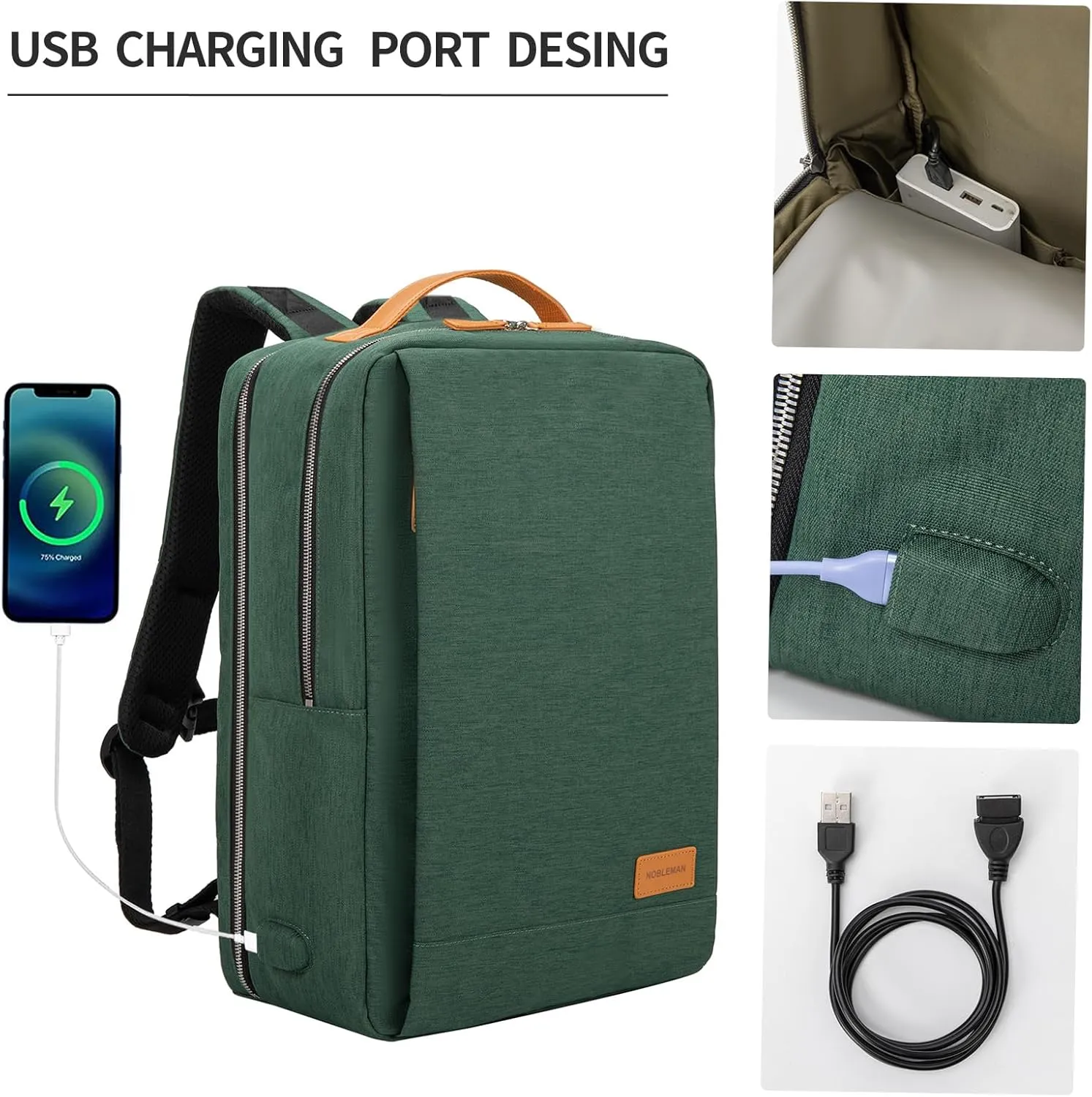 NOBLEMAN Travel Laptop Backpack Women Men, Luxury Durable Scratch Tear Resistant Work Backpack with USB Charging Port, Multi-Compartment College Business Backpack Fits 17 Inch Laptop (Dark Green)