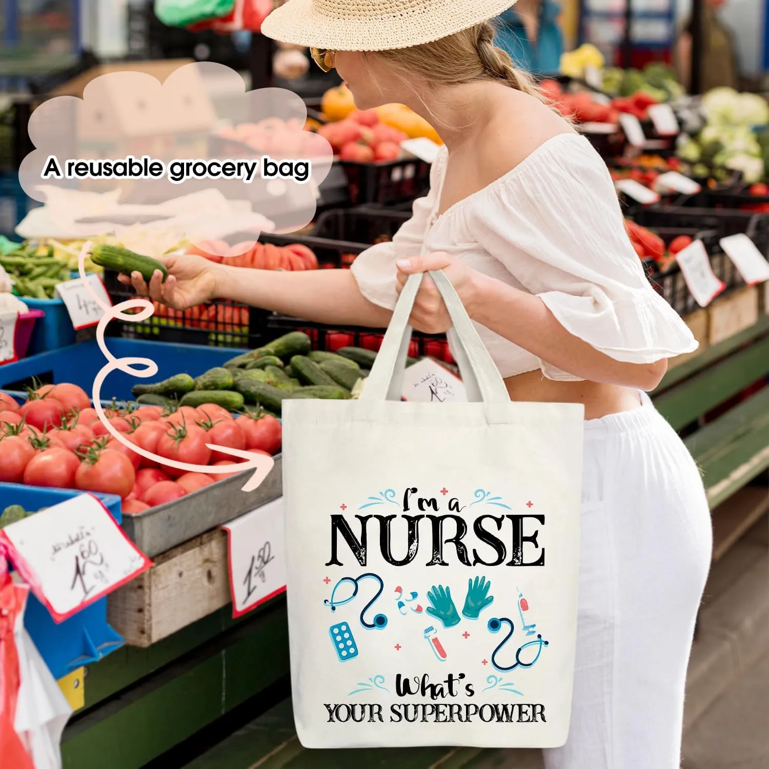Nurse Tote Bag Aesthetic, Canvas Tote Bag for Women, Nurse Appreciation Gift for RN Nurse Practitioner Nursing Teacher Assistant Thank You Graduation Shopping Reusable Grocery Beach Shoulder Bag /A63