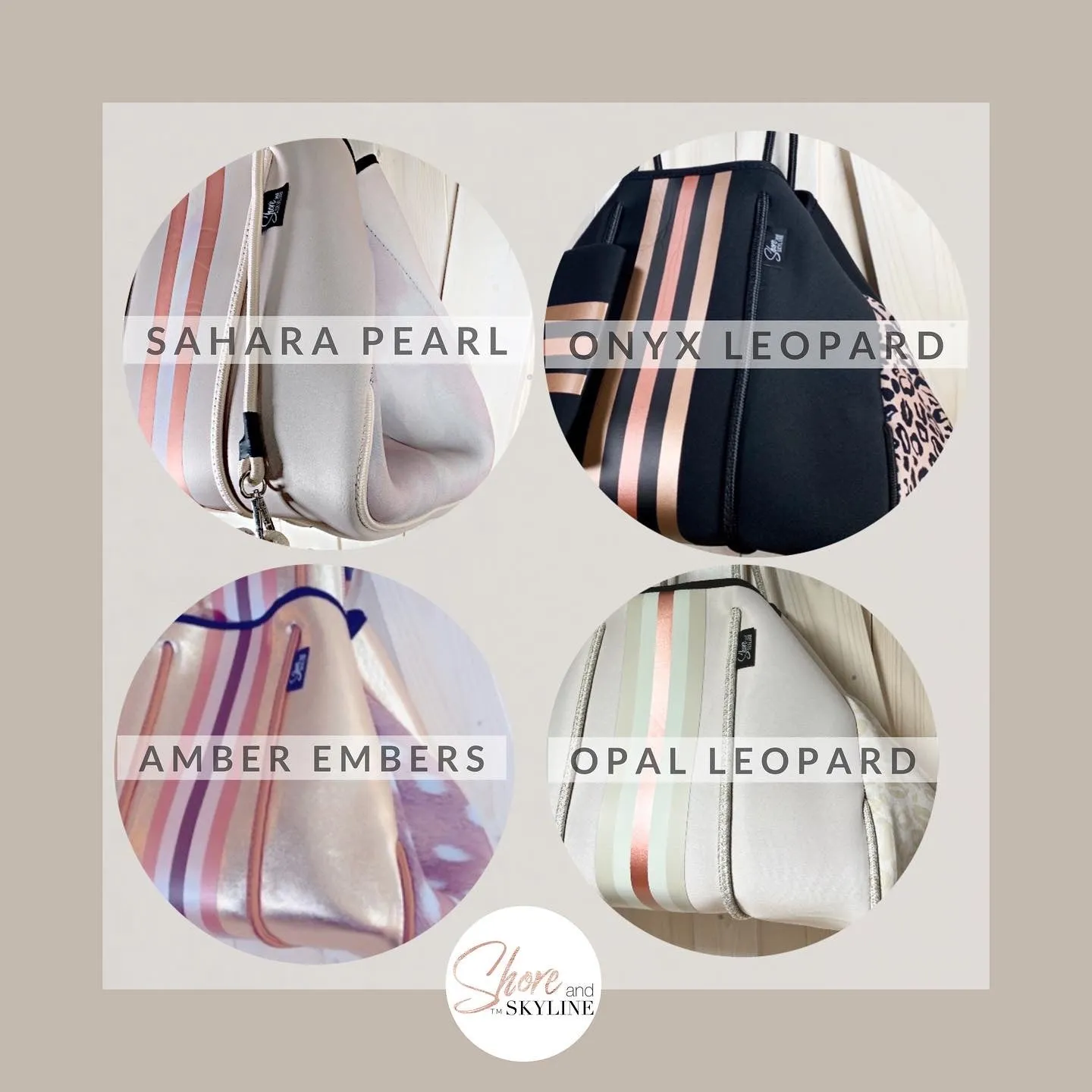 nwt Camo Luxe Rose 2.0 Neoprene Tote Bag   luminous metallic ROSE GOLD stripes w added top zip closure women light purse waterproof ShoreAndSkyline Shore and Skyline