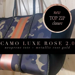 nwt Camo Luxe Rose 2.0 Neoprene Tote Bag   luminous metallic ROSE GOLD stripes w added top zip closure women light purse waterproof ShoreAndSkyline Shore and Skyline