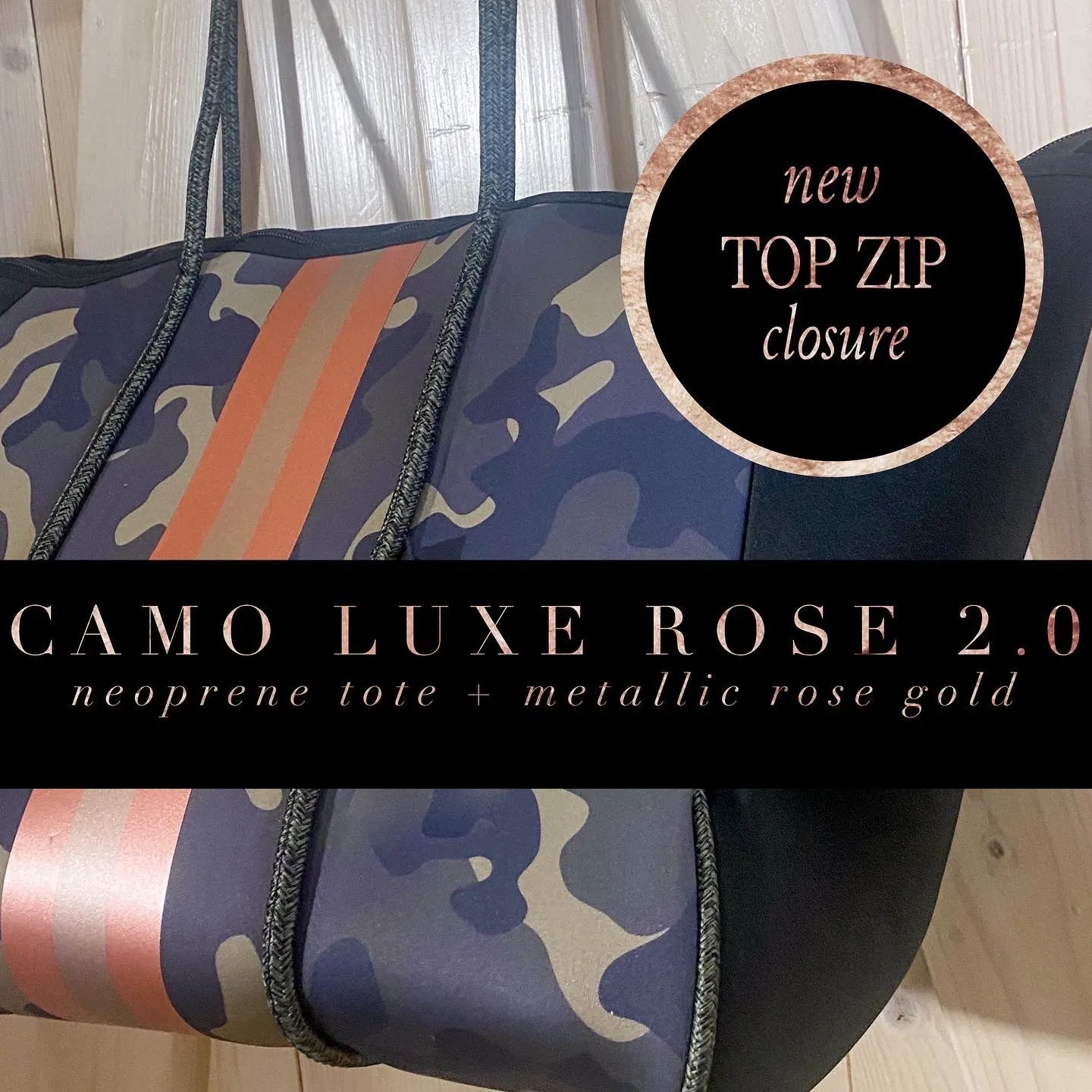 nwt Camo Luxe Rose 2.0 Neoprene Tote Bag   luminous metallic ROSE GOLD stripes w added top zip closure women light purse waterproof ShoreAndSkyline Shore and Skyline