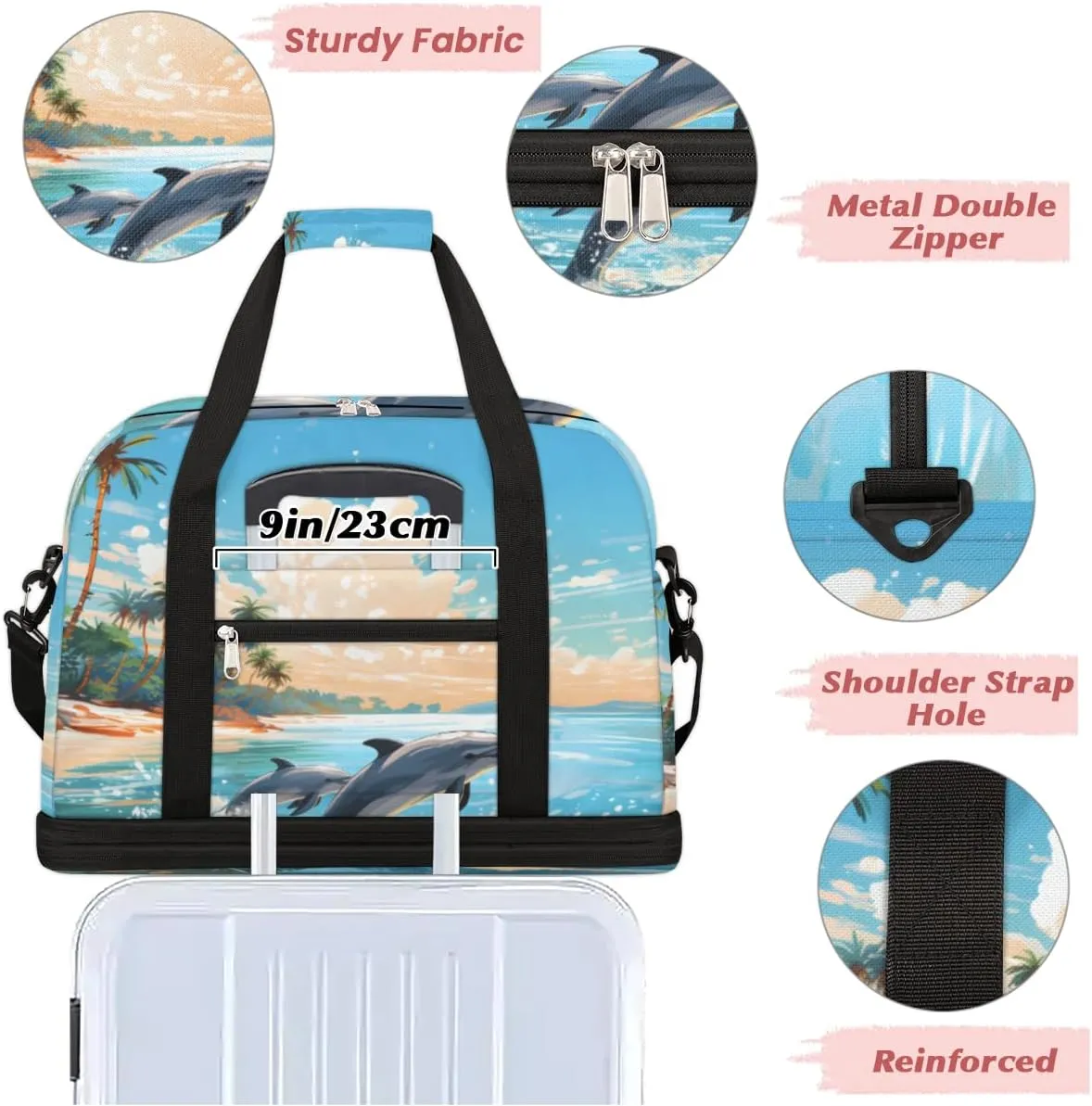 Ocean Animal Dolphin Foldable Duffle Bag with Shoes Compartment Large Capacity Waterproof Travel Weekender Bag Overnight Bag for Sports Gym