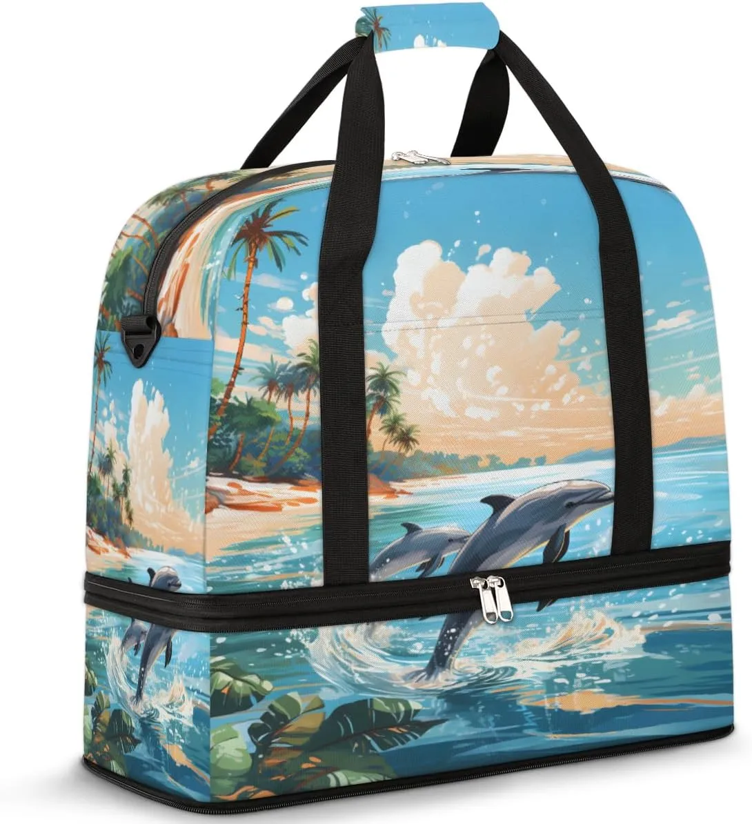 Ocean Animal Dolphin Foldable Duffle Bag with Shoes Compartment Large Capacity Waterproof Travel Weekender Bag Overnight Bag for Sports Gym