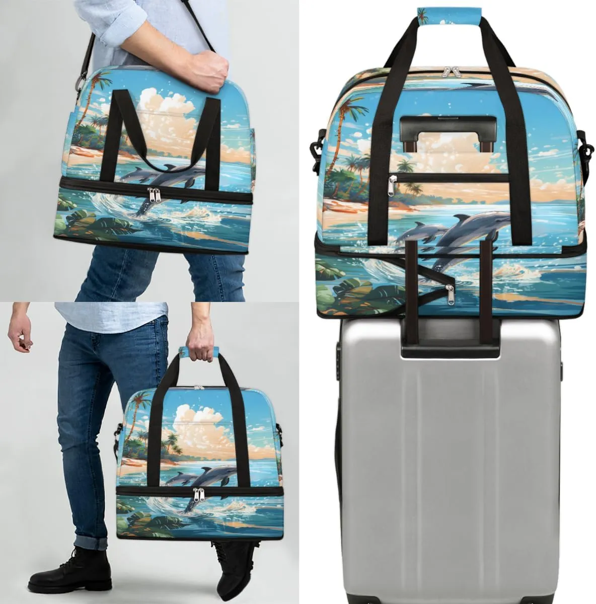Ocean Animal Dolphin Foldable Duffle Bag with Shoes Compartment Large Capacity Waterproof Travel Weekender Bag Overnight Bag for Sports Gym