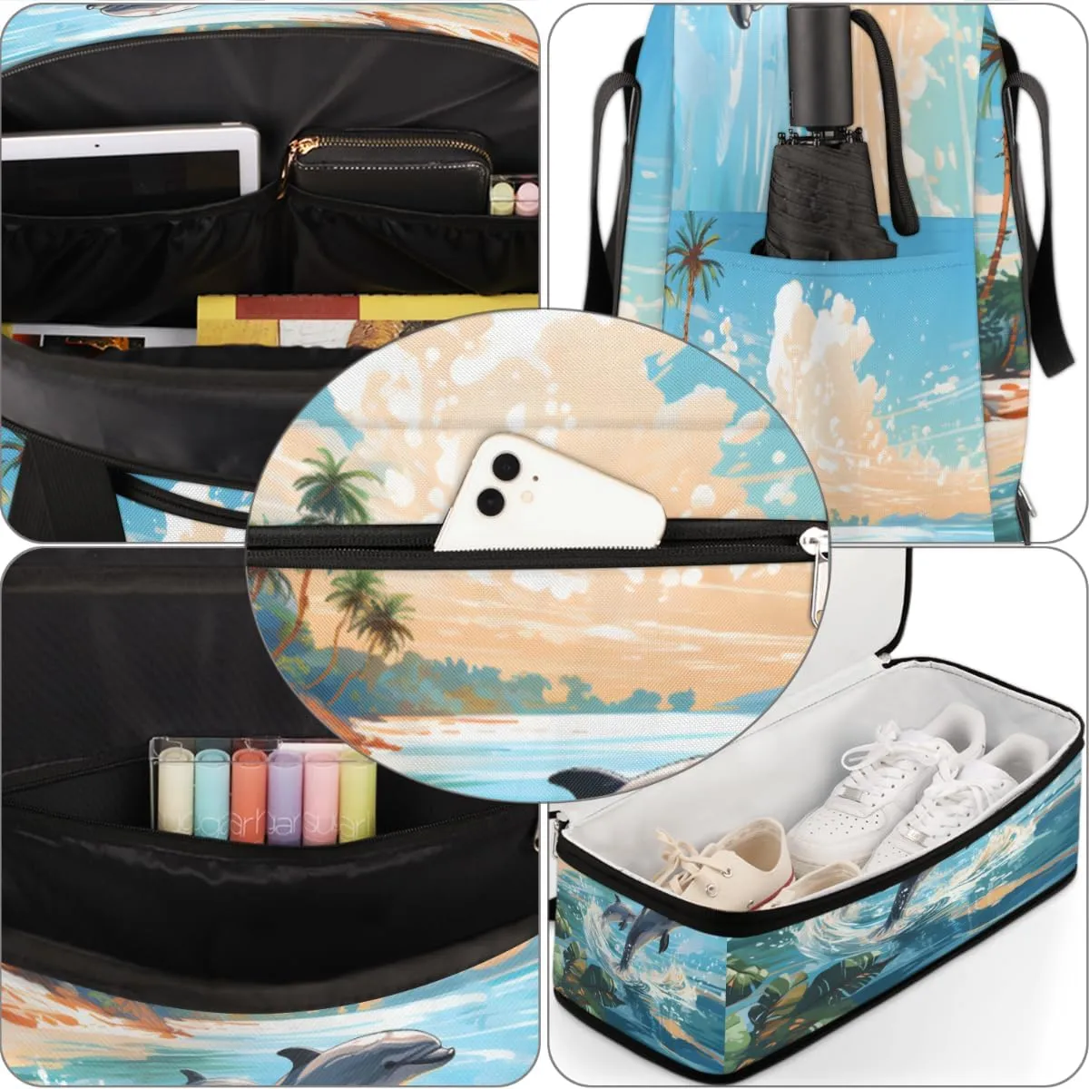Ocean Animal Dolphin Foldable Duffle Bag with Shoes Compartment Large Capacity Waterproof Travel Weekender Bag Overnight Bag for Sports Gym