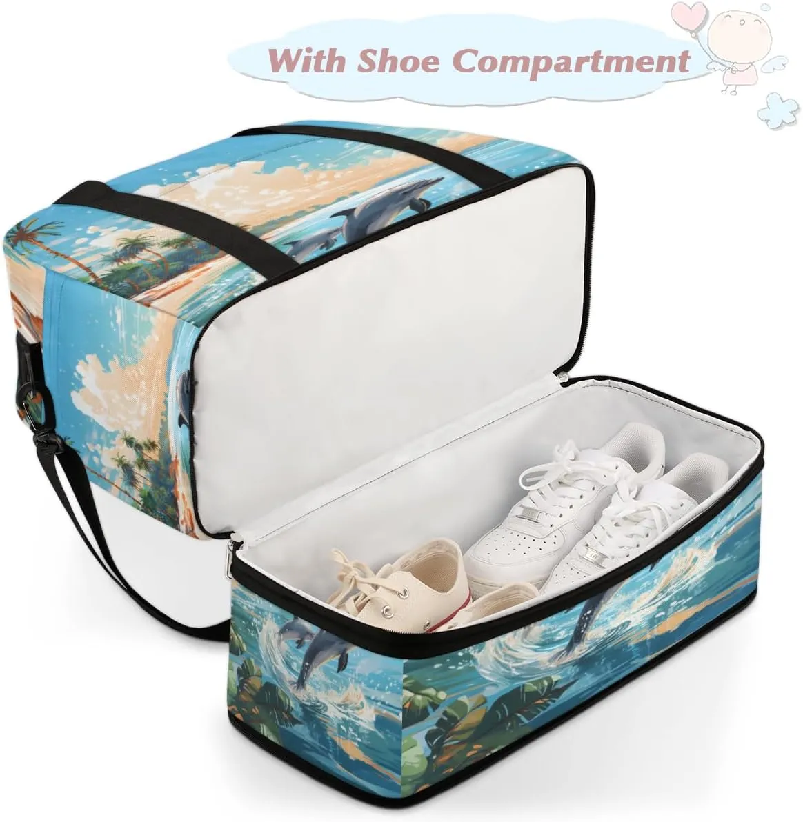 Ocean Animal Dolphin Foldable Duffle Bag with Shoes Compartment Large Capacity Waterproof Travel Weekender Bag Overnight Bag for Sports Gym