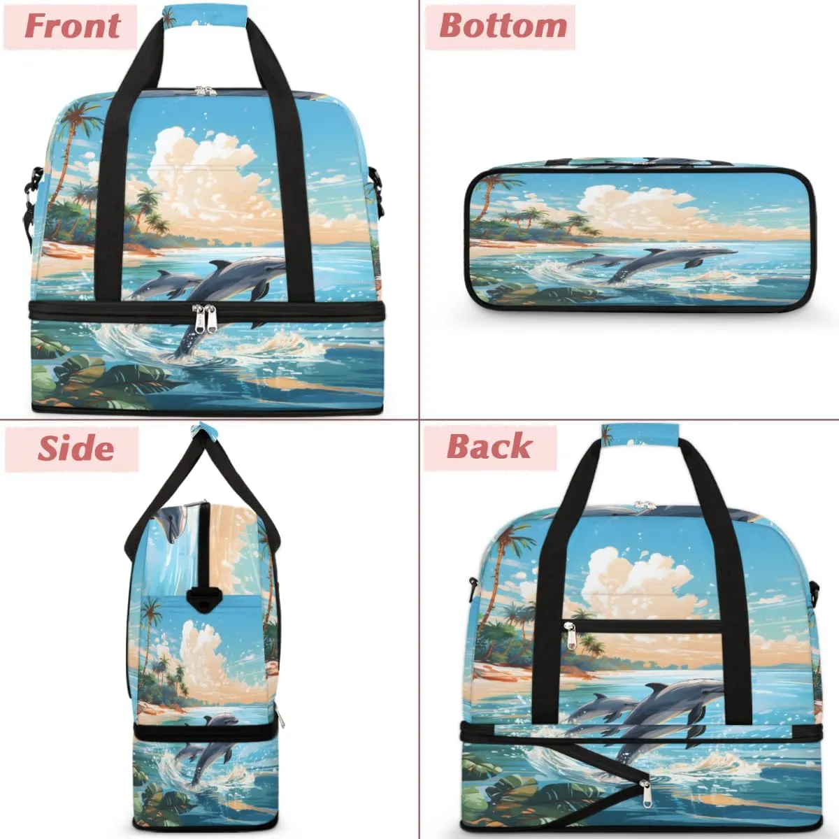Ocean Animal Dolphin Foldable Duffle Bag with Shoes Compartment Large Capacity Waterproof Travel Weekender Bag Overnight Bag for Sports Gym
