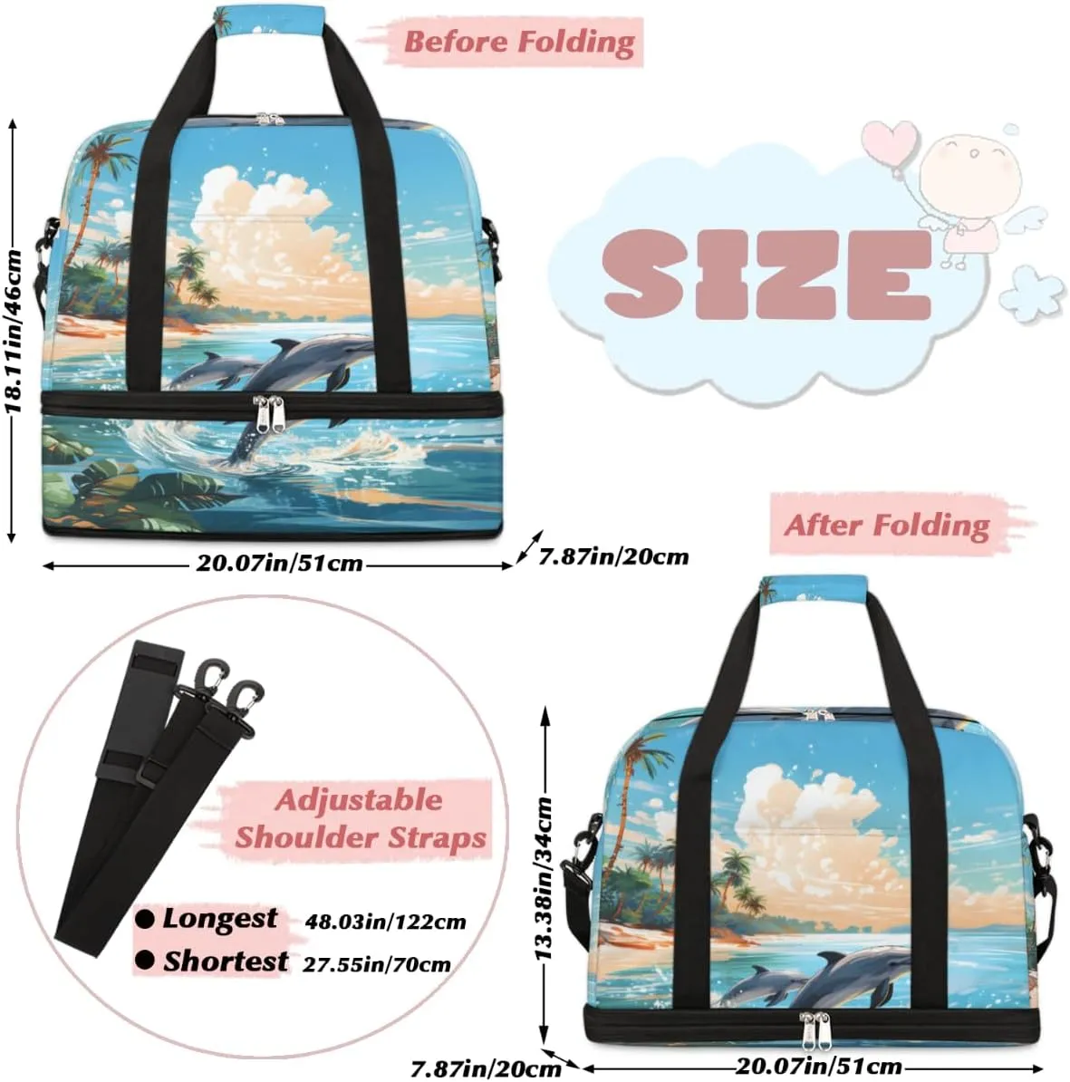 Ocean Animal Dolphin Foldable Duffle Bag with Shoes Compartment Large Capacity Waterproof Travel Weekender Bag Overnight Bag for Sports Gym