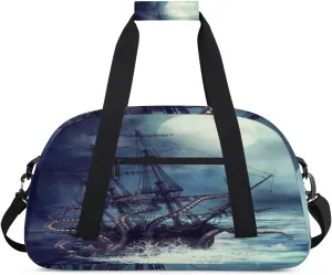 Ocean Octopus Gym Duffel Bag for Men Women Pirate Ship Sports Tote Bag with Adjustable Shoulder Strap for Dance Gymnastics Traveling Outdoor Camping Overnight Stay