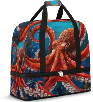 Ocean Octopus Travel Duffel Bag for Women Men, Sea Octopus Print Sports Gym Bag with Shoes Compartment Foldable Overnight Bag Weekender Tote Workout Carry On Luggage Bag