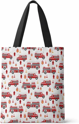 Ocean Party Fire Canvas Tote Bag Red Fire Truck Flame Shoulder Bag Casual Bag with Inner Pocket for Shopping Grocery Work