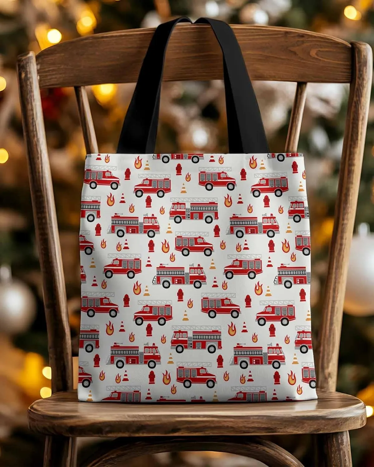 Ocean Party Fire Canvas Tote Bag Red Fire Truck Flame Shoulder Bag Casual Bag with Inner Pocket for Shopping Grocery Work
