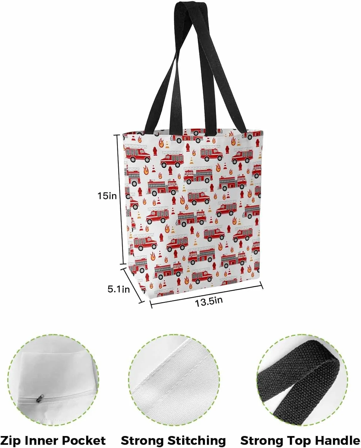 Ocean Party Fire Canvas Tote Bag Red Fire Truck Flame Shoulder Bag Casual Bag with Inner Pocket for Shopping Grocery Work