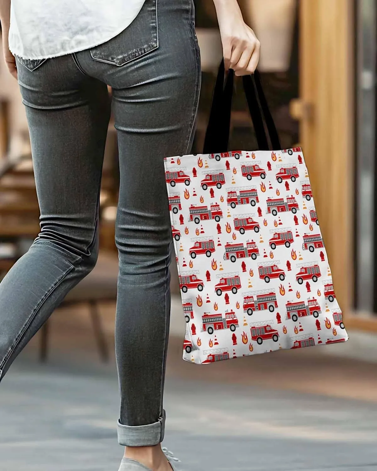 Ocean Party Fire Canvas Tote Bag Red Fire Truck Flame Shoulder Bag Casual Bag with Inner Pocket for Shopping Grocery Work
