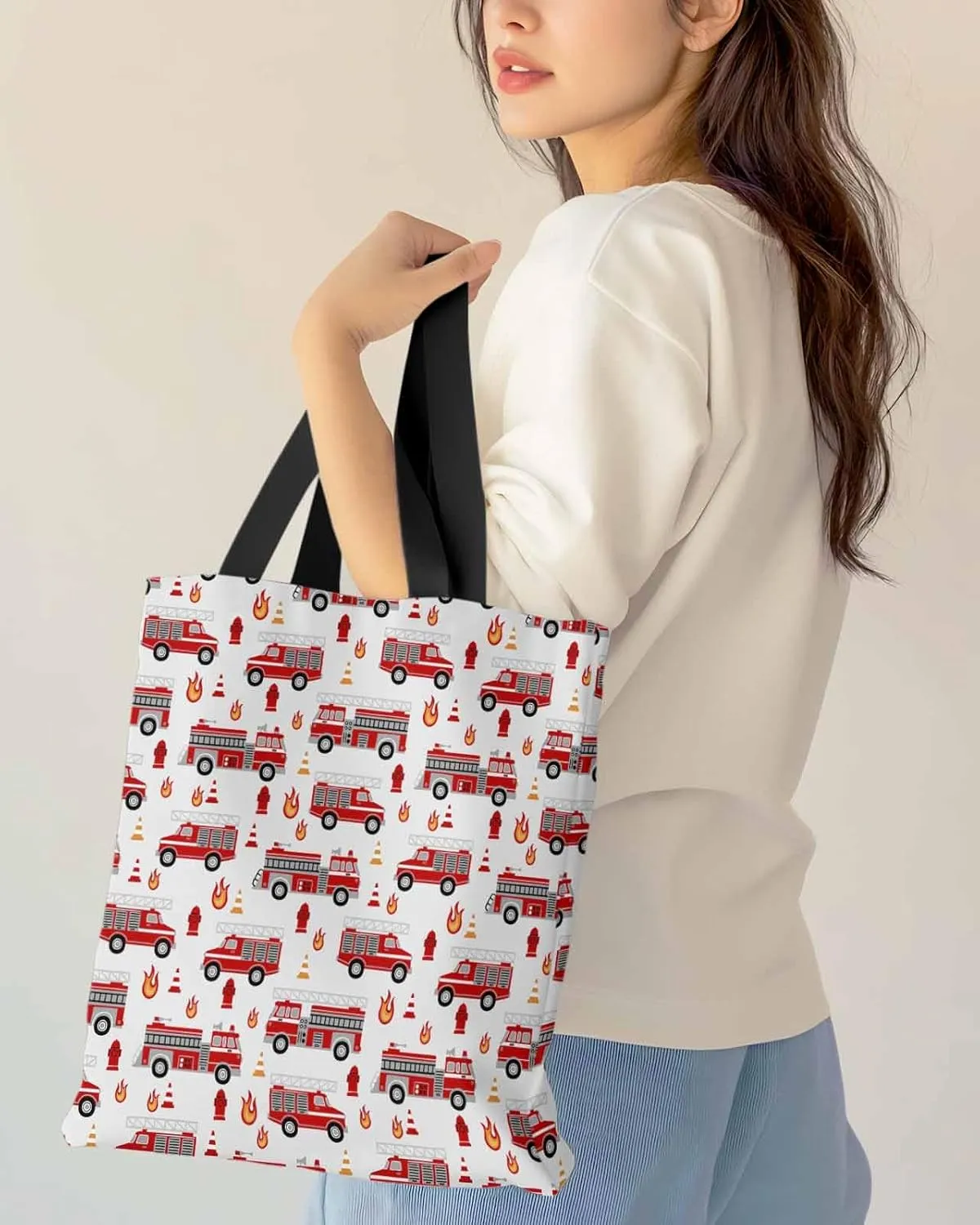 Ocean Party Fire Canvas Tote Bag Red Fire Truck Flame Shoulder Bag Casual Bag with Inner Pocket for Shopping Grocery Work