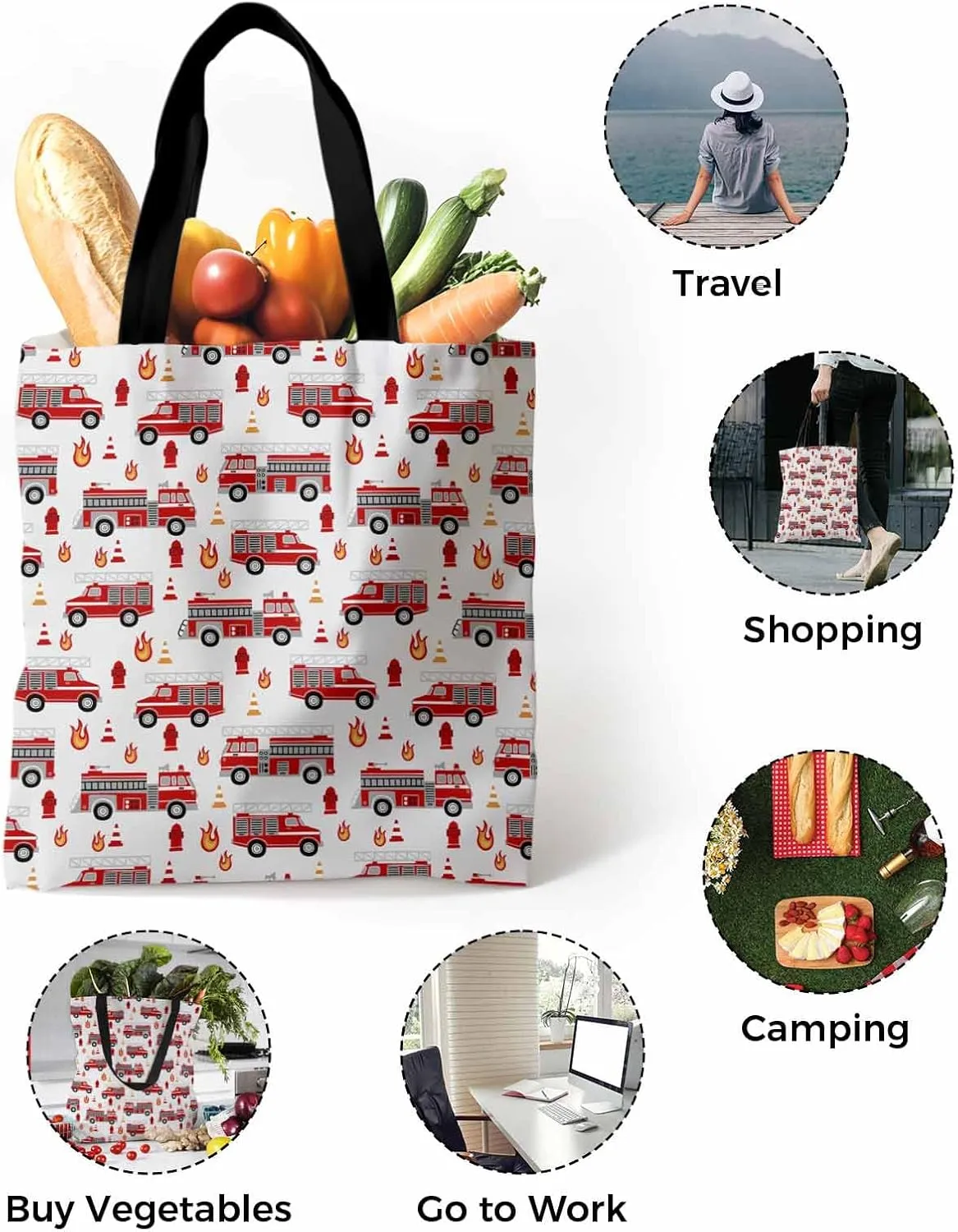Ocean Party Fire Canvas Tote Bag Red Fire Truck Flame Shoulder Bag Casual Bag with Inner Pocket for Shopping Grocery Work