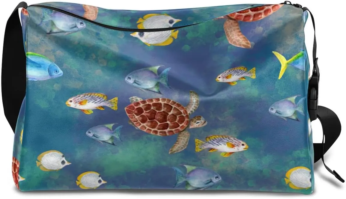 Ocean Turtle Fish Small Gym Bag for Men Women Workout Sport Duffle Bag Waterproof Weekender Overnight Bag Lightweight Carry on Tote Bag Crossbody Shoulder Travel Bag for Swim Yoge Dance