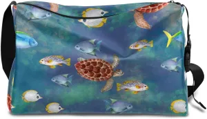 Ocean Turtle Fish Small Gym Bag for Men Women Workout Sport Duffle Bag Waterproof Weekender Overnight Bag Lightweight Carry on Tote Bag Crossbody Shoulder Travel Bag for Swim Yoge Dance