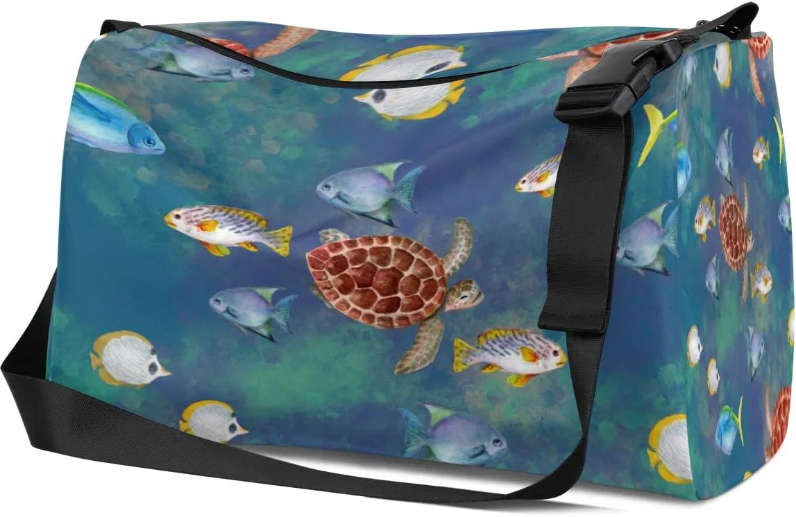 Ocean Turtle Fish Small Gym Bag for Men Women Workout Sport Duffle Bag Waterproof Weekender Overnight Bag Lightweight Carry on Tote Bag Crossbody Shoulder Travel Bag for Swim Yoge Dance
