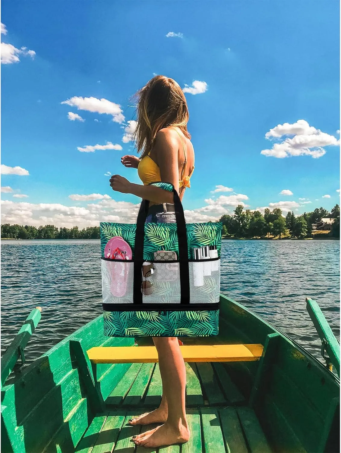 Octsky Beach Bags with Cooler Women Beach Tote Bag Waterproof Sandproof Zipper Large Pool Bag 9 Pockets