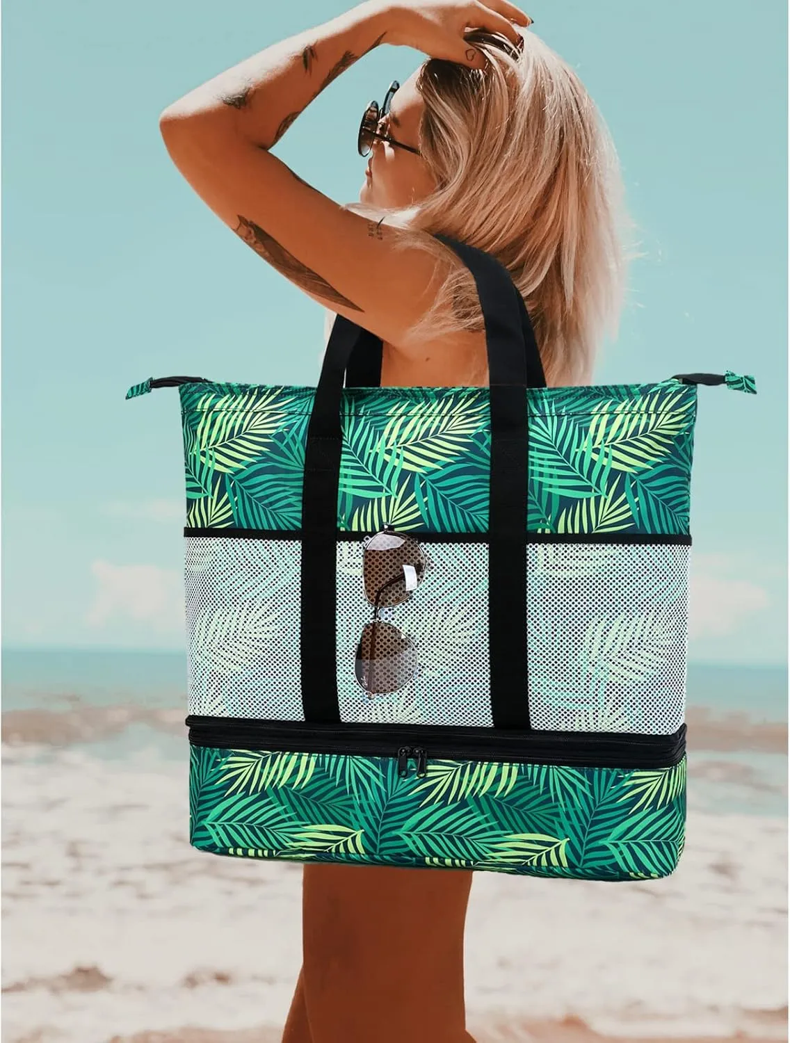 Octsky Beach Bags with Cooler Women Beach Tote Bag Waterproof Sandproof Zipper Large Pool Bag 9 Pockets