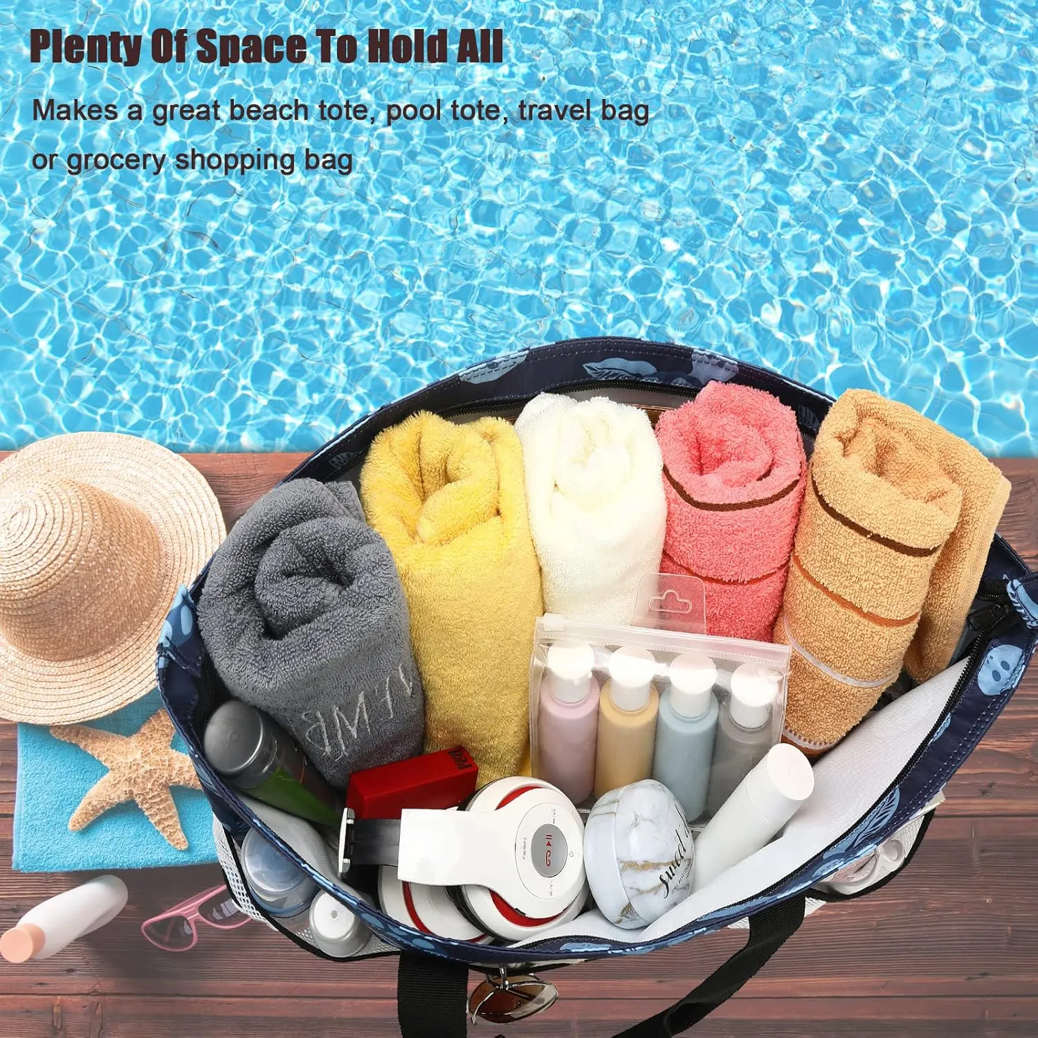 Octsky Beach Bags with Cooler Women Beach Tote Bag Waterproof Sandproof Zipper Large Pool Bag 9 Pockets