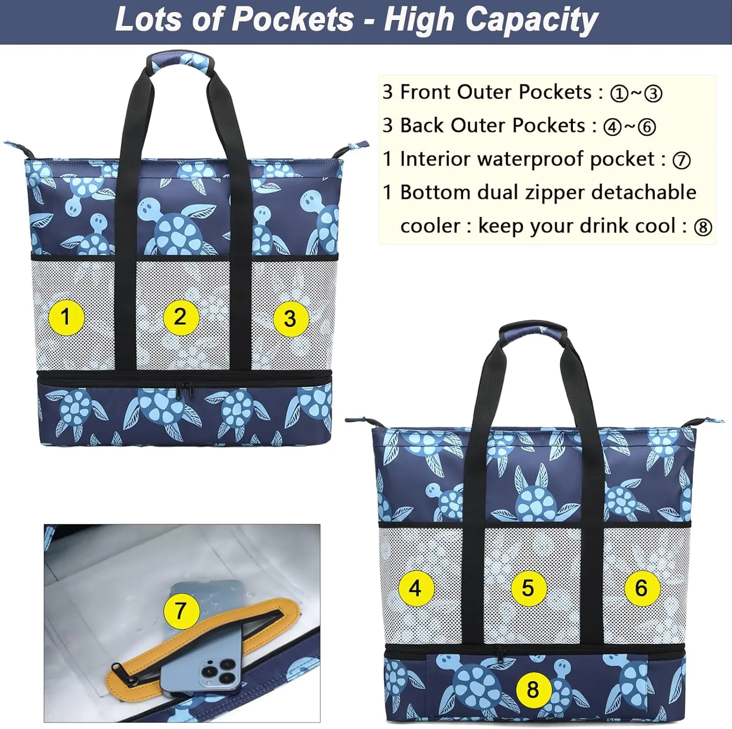 Octsky Beach Bags with Cooler Women Beach Tote Bag Waterproof Sandproof Zipper Large Pool Bag 9 Pockets