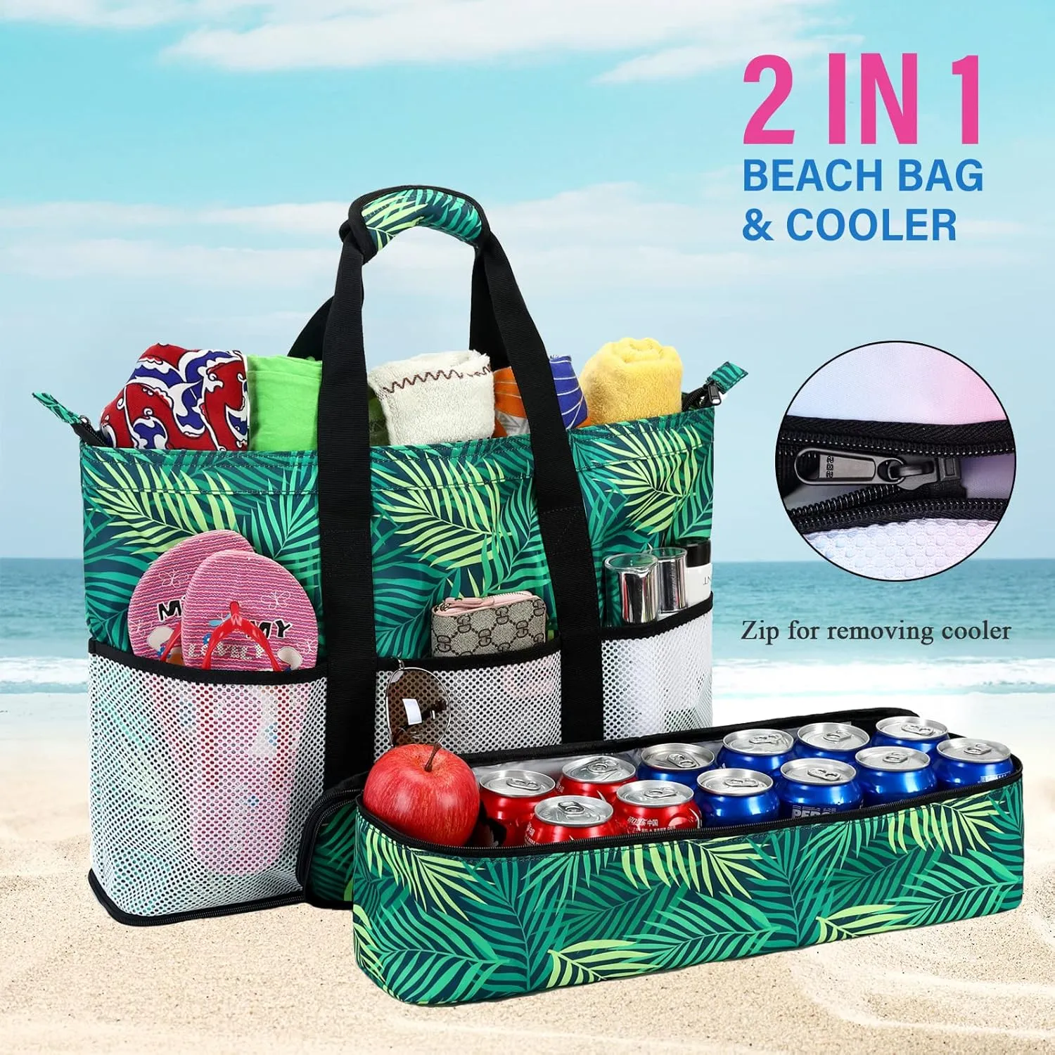 Octsky Beach Bags with Cooler Women Beach Tote Bag Waterproof Sandproof Zipper Large Pool Bag 9 Pockets