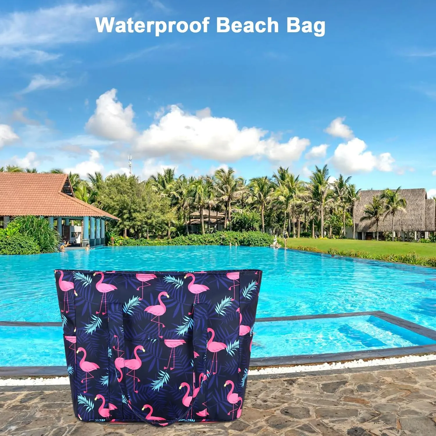 Octsky Roomy Beach Bags for Women - Waterproof Sandproof Beach Tote with Dual Zipper and Wet Pocket - 3 Outside Pockets