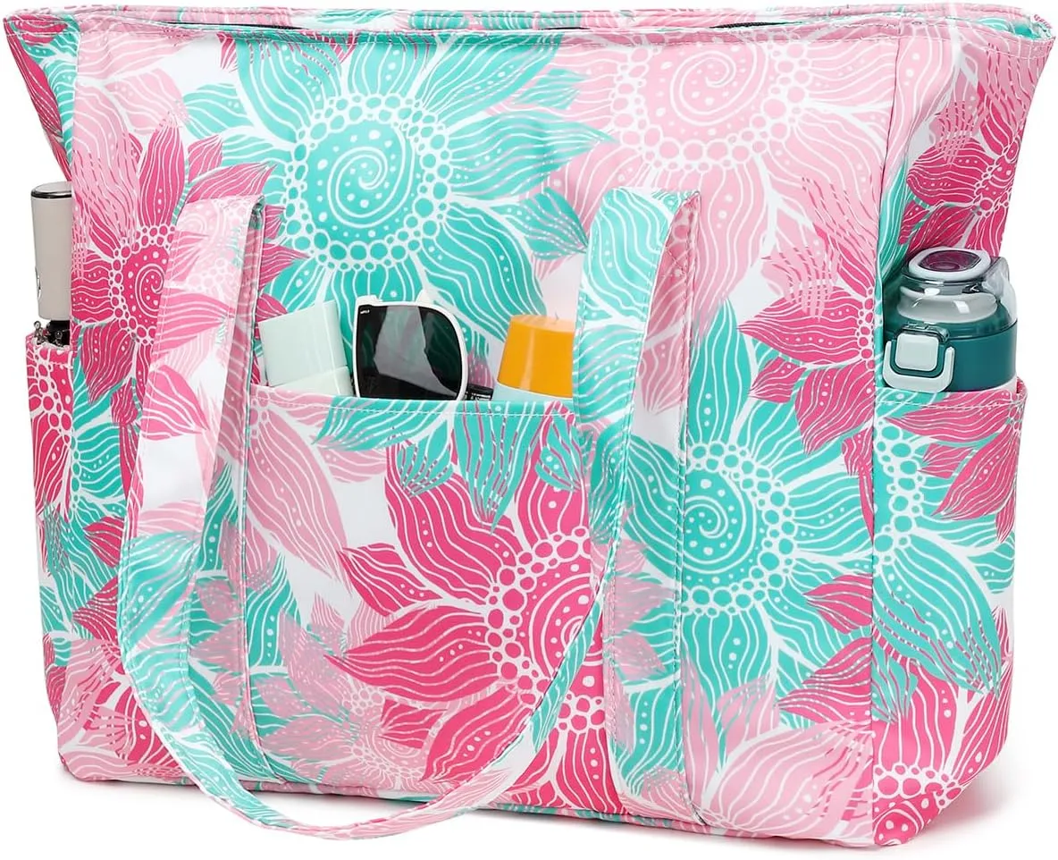 Octsky Roomy Beach Bags for Women - Waterproof Sandproof Beach Tote with Dual Zipper and Wet Pocket - 3 Outside Pockets